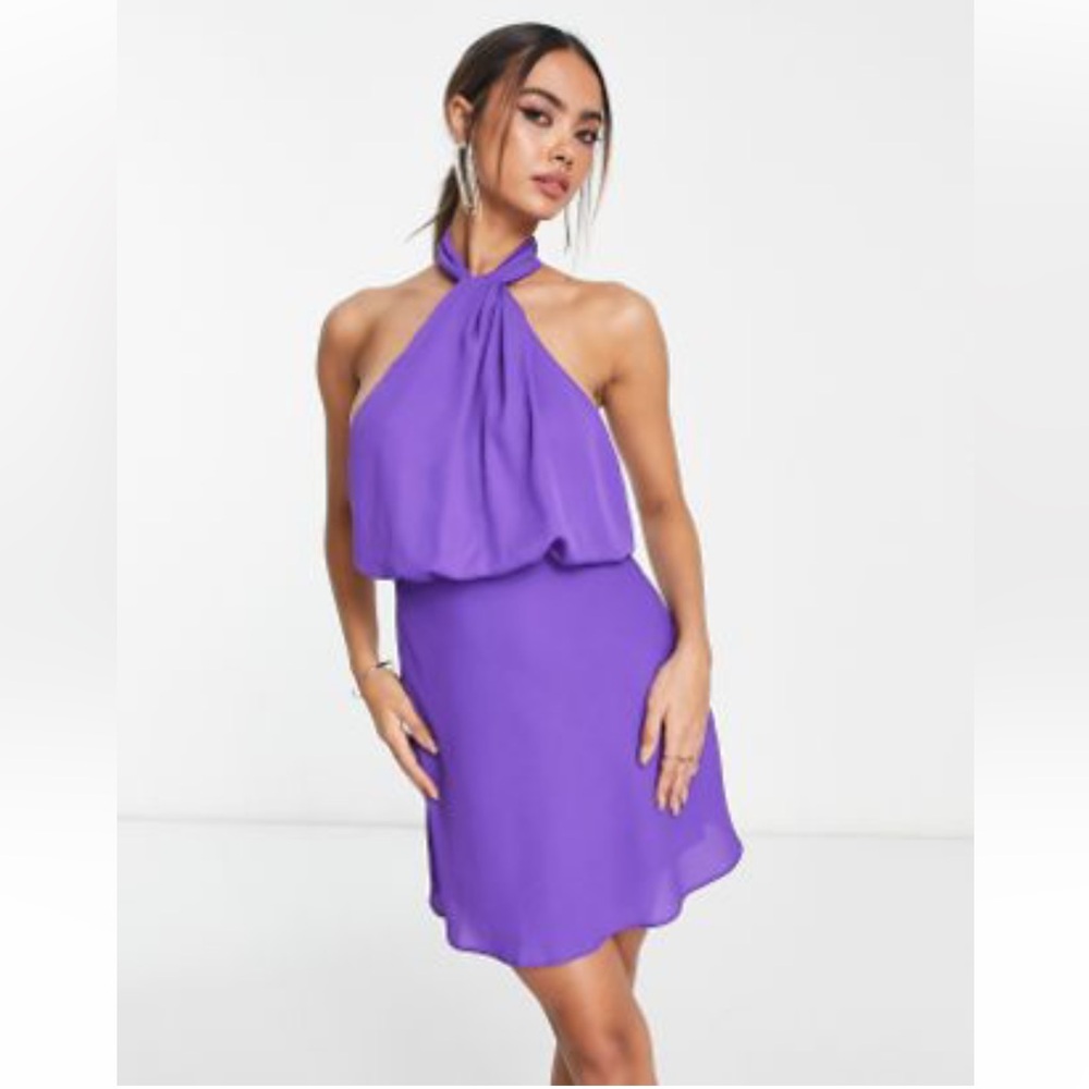 ASOS DESIGN Purple Cross Halter Mini Dress Size 12 Jewel Tone